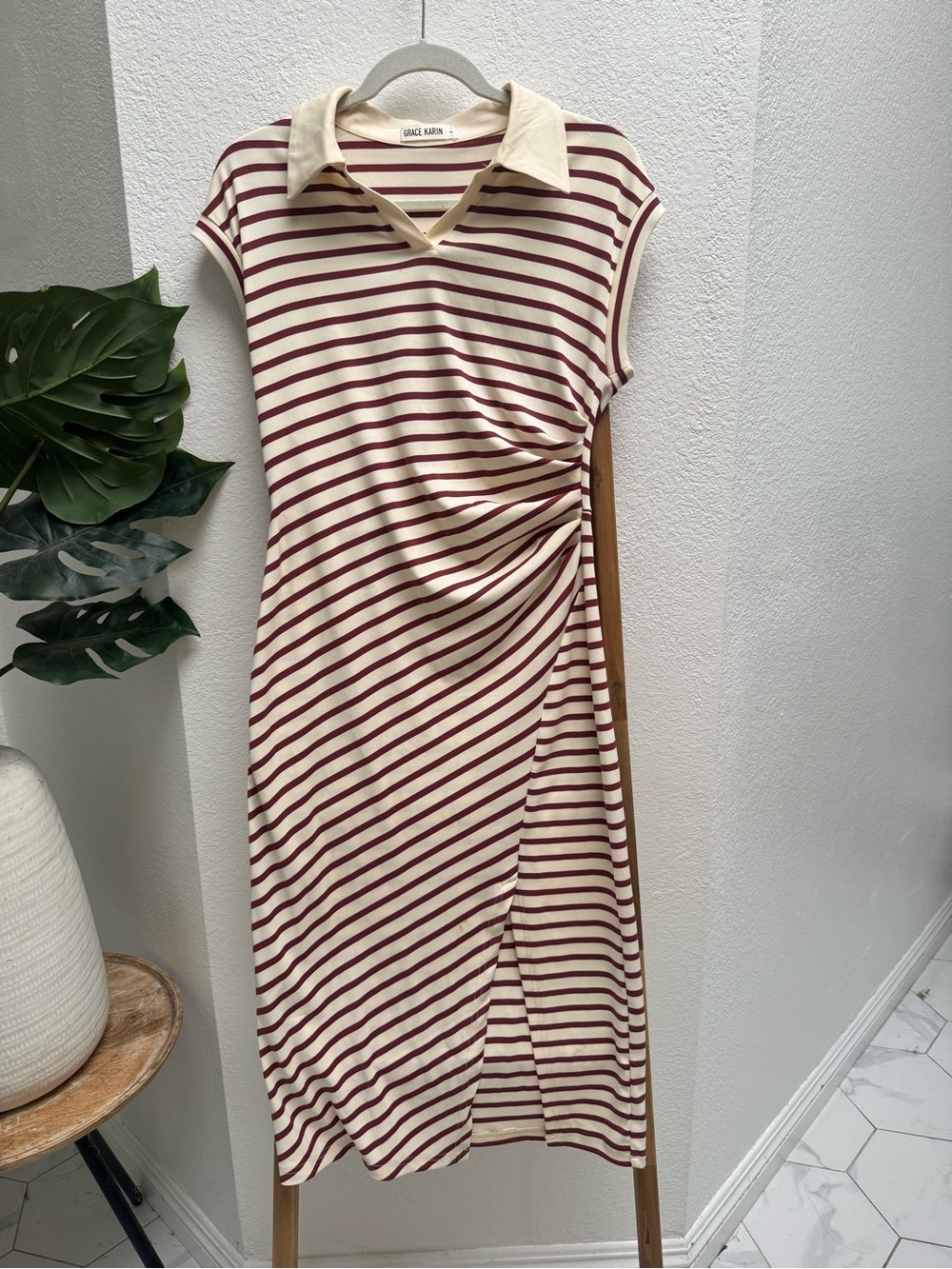 Grace Karin Cream and Burgundy Striped Polo Midi Dress